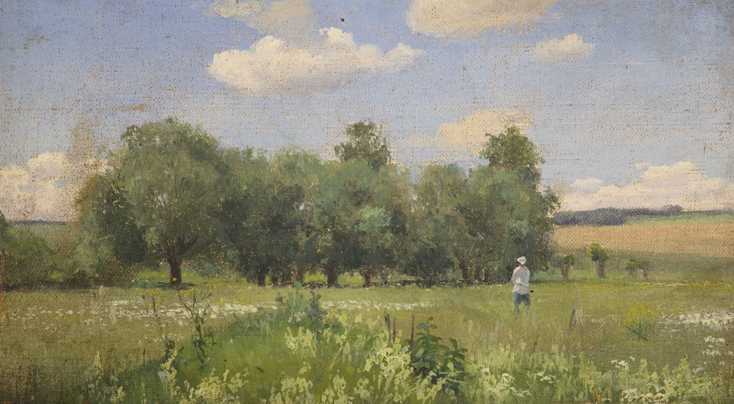 Russian School, oil on canvas board, Figure in a summer landscape, label verso, 17 x 29cm